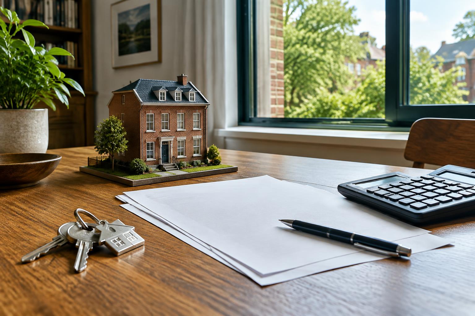 AI-generated editorial illustration of keys, a calculator and a fictional townhouse model