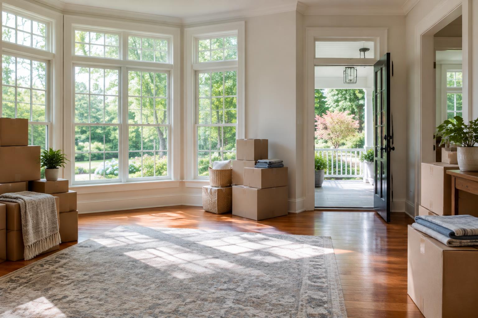 AI-generated editorial illustration of moving boxes in a fictional Virginia home