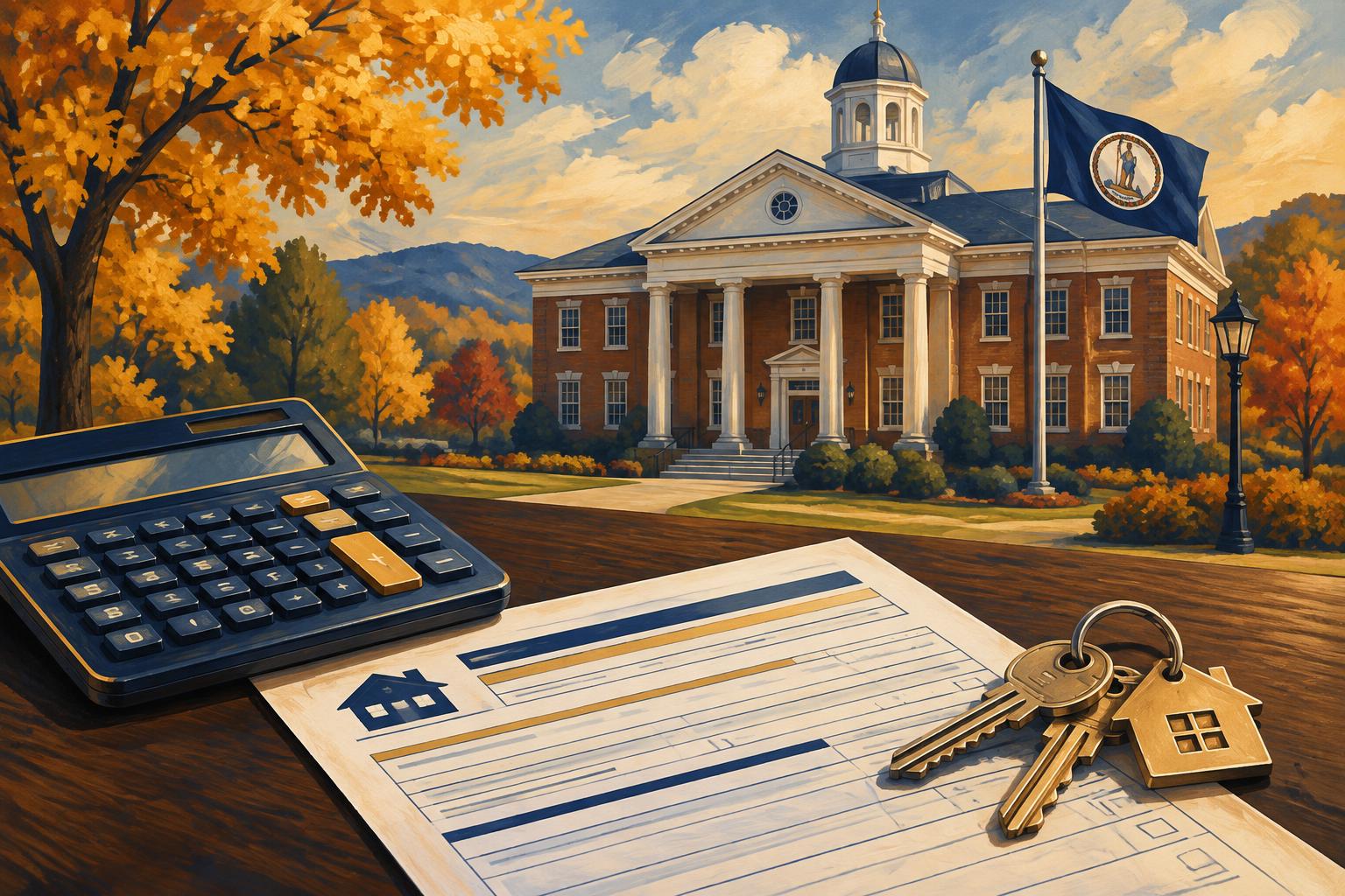 AI-generated editorial illustration of a Virginia county office building with a calculator, property tax form and house keys