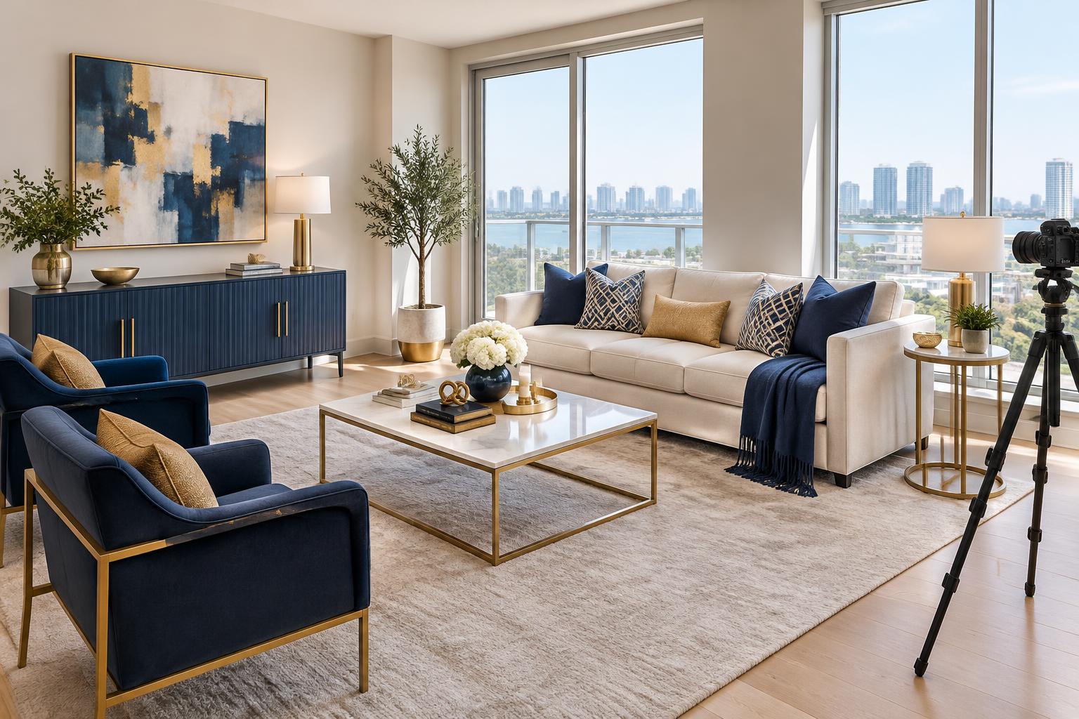 A bright staged condo living room ready for listing photos