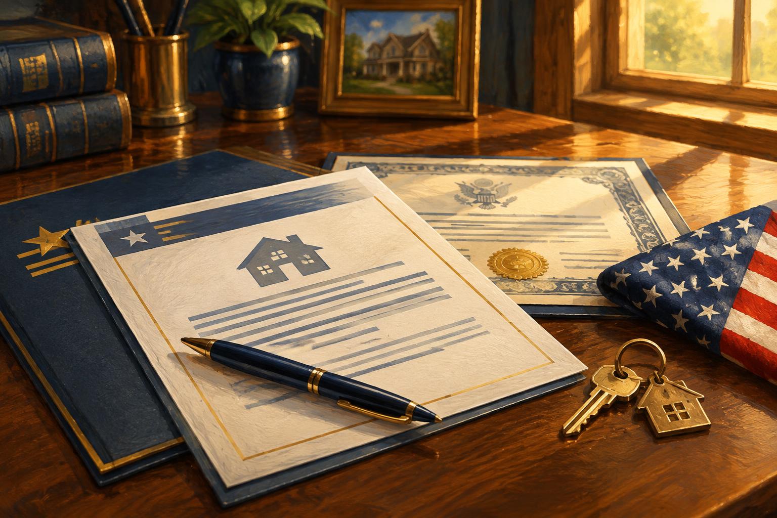 AI-generated editorial illustration of VA home loan documents, a pen, house keys and a folded American flag on a desk