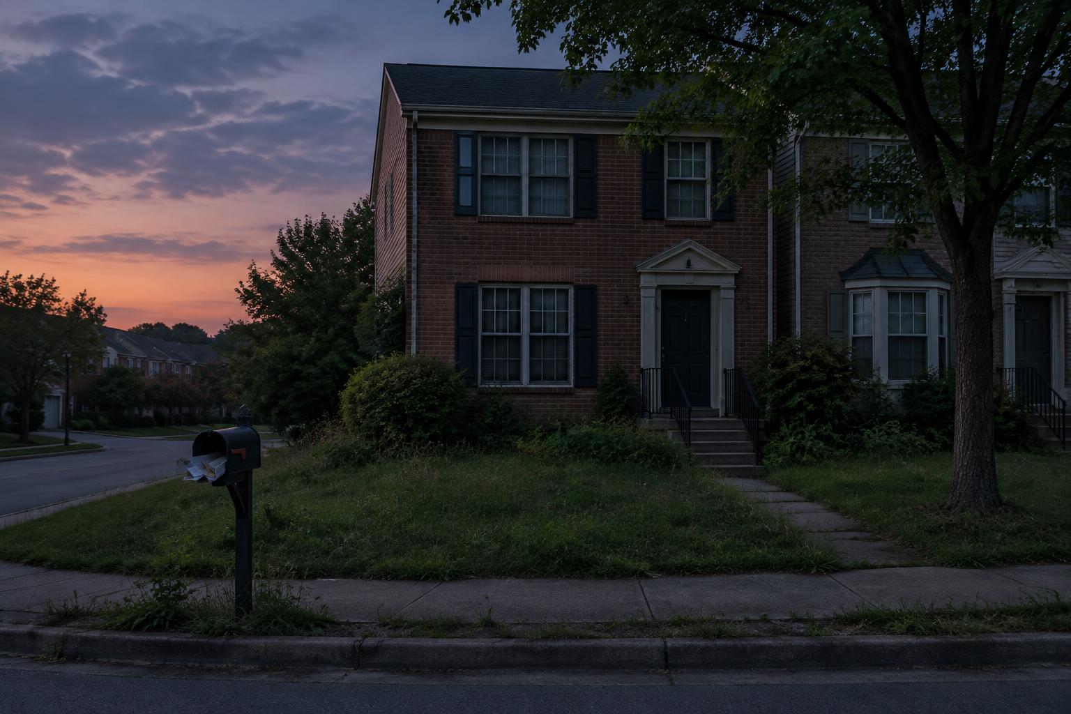 AI-generated editorial illustration of an empty brick townhome at dusk with an overflowing mailbox