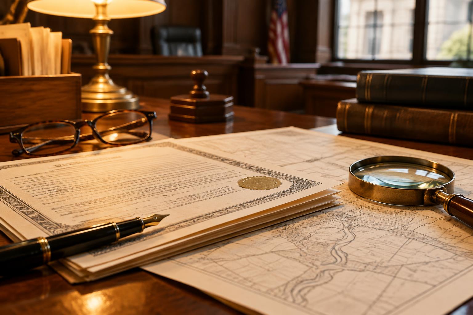 AI-generated editorial illustration of property deed records on a courthouse clerk's desk with a magnifying glass