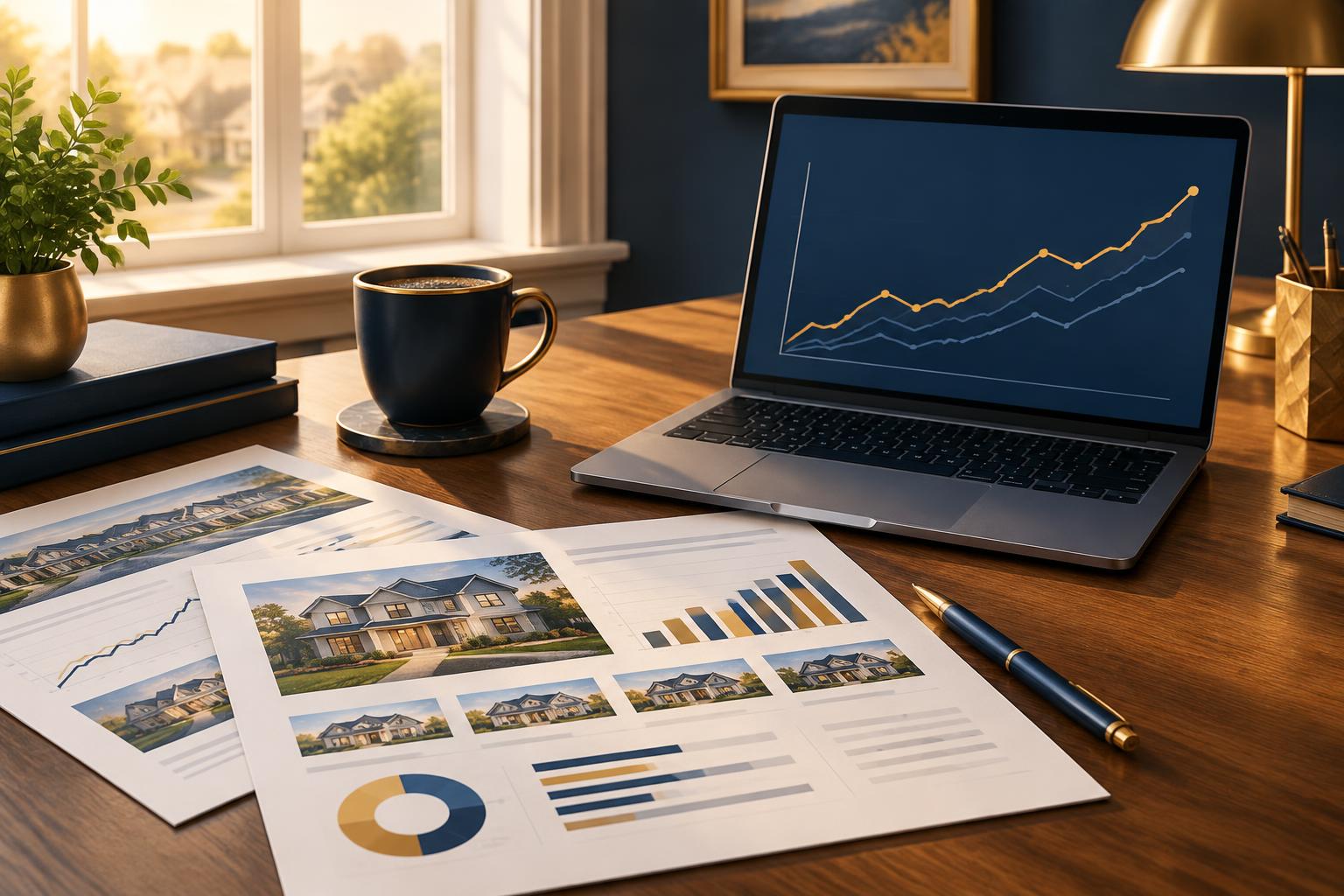 Real estate sales reports and a laptop chart on a seller's desk, used to compare listing agents